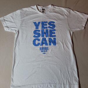 Harris Walz  Yes She Can Union Made White Graphic T-Shirt  2024 Campaign Medium
